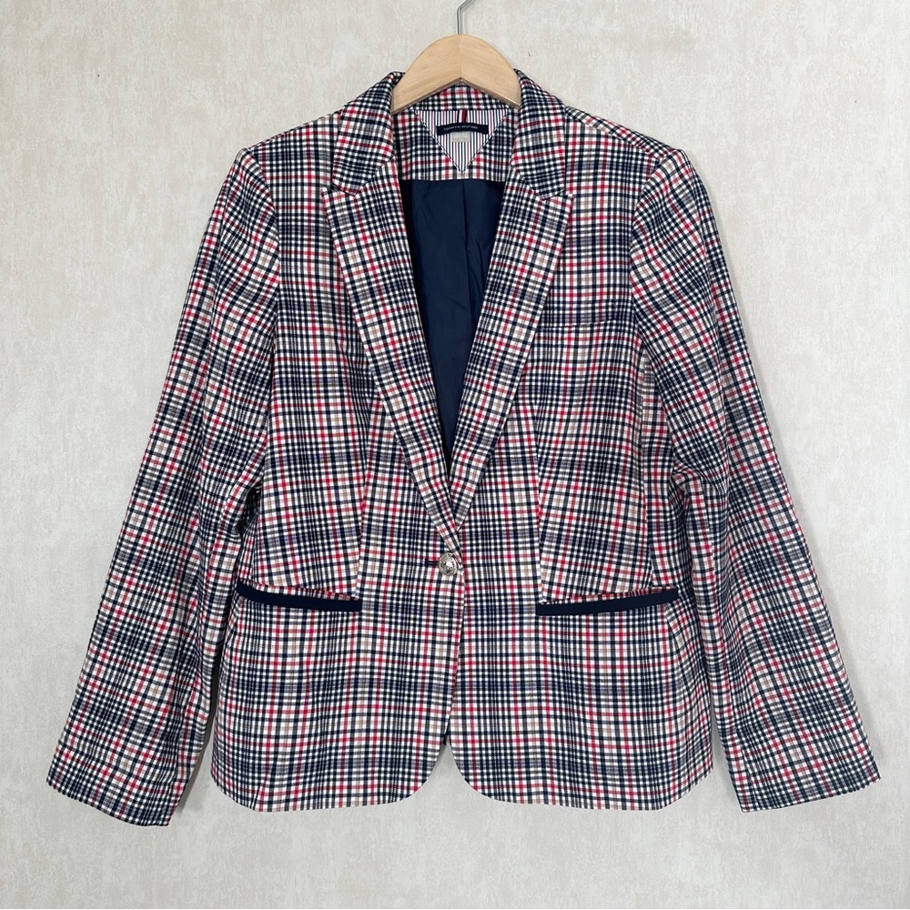 Tommy Hilfiger Women’s Elbow-Patch Plaid Blazer Jacket Single Button Holiday 14